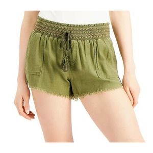 Rewash Juniors' Pull-On Smocked High-Waisted Frayed-Hem Shorts Green L, $34 NWT